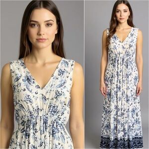 Lucky Brand White and Blue Paisley Bohemian Sleeveless Maxi Dress Size Large